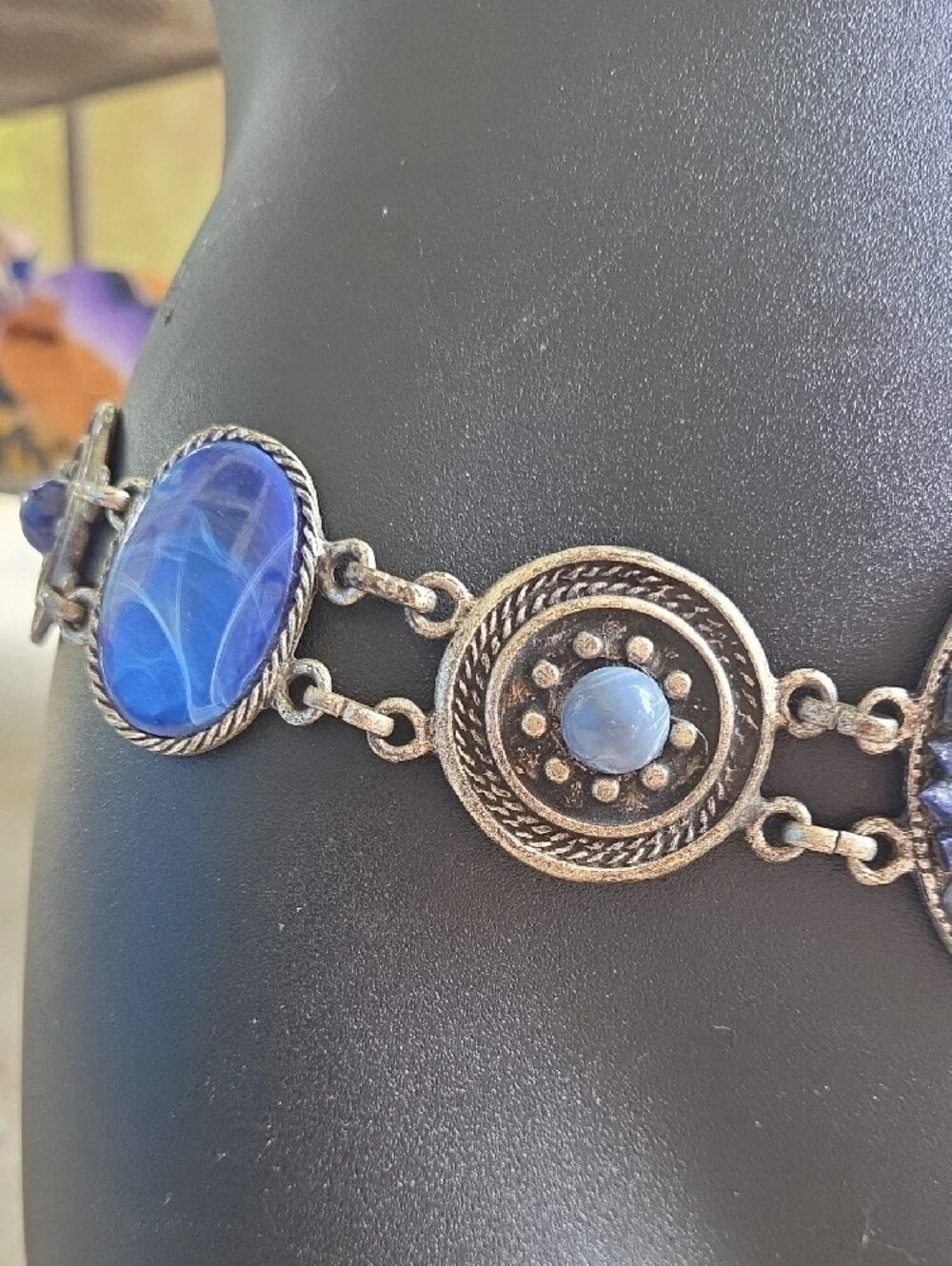Stunning!Vintage,Cache!,distressed silver,shades of blue,glass stones,chain belt